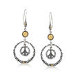 Sterling Silver and 18kt Yellow Gold Bali-Style Peace Sign Drop Earrings