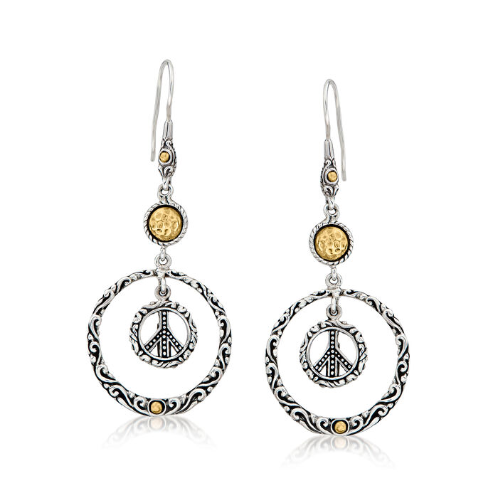 Sterling Silver and 18kt Yellow Gold Bali-Style Peace Sign Drop Earrings