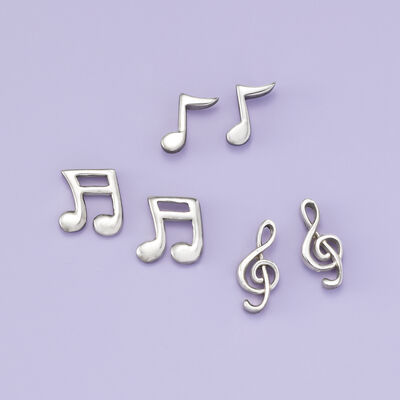 Sterling Silver Jewelry Set: Three Pairs of Musical Note Stud Earrings