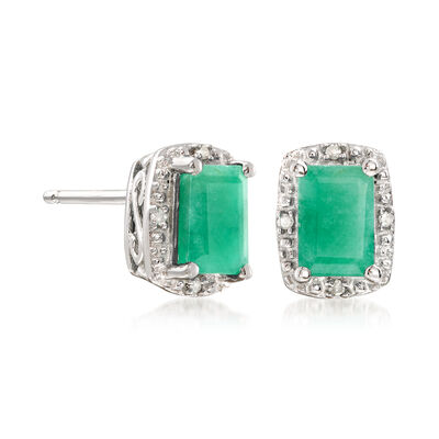 1.10 ct. t.w. Emerald Stud Earrings with Diamond Accents in Sterling Silver