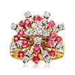 C. 1970 Vintage 1.25 ct. t.w. Ruby and .95 ct. t.w. Diamond Starburst Ring in 14kt Yellow Gold