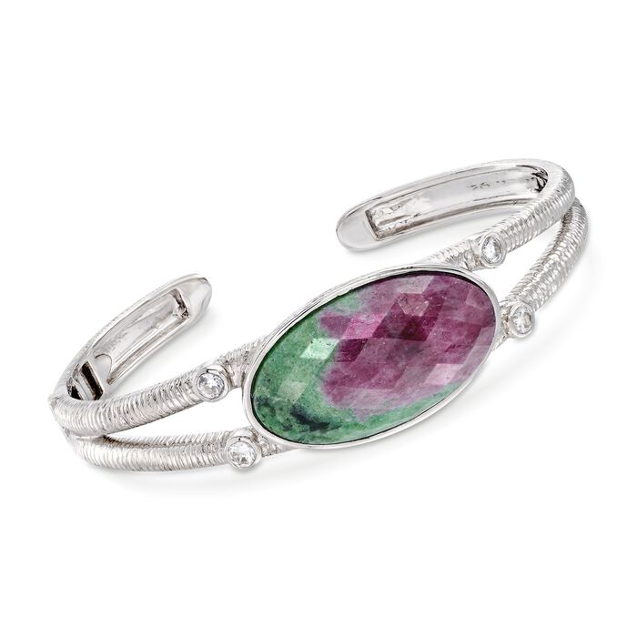 25.00 Carat Ruby-In-Zoisite and .60 ct. t.w. White Zircon Cuff Bracelet in Sterling Silver