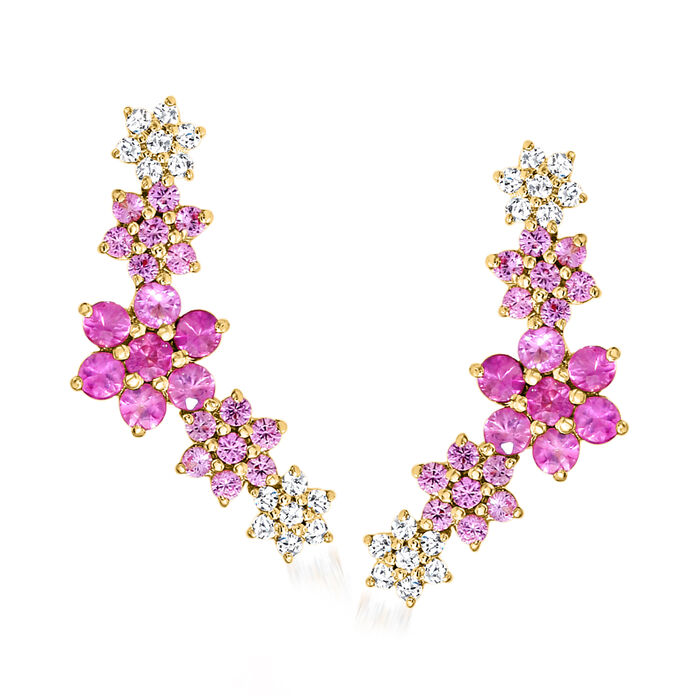 .70 ct. t.w. Pink Sapphire and .12 ct. t.w. Diamond Floral Ear Climbers in 14kt Yellow Gold