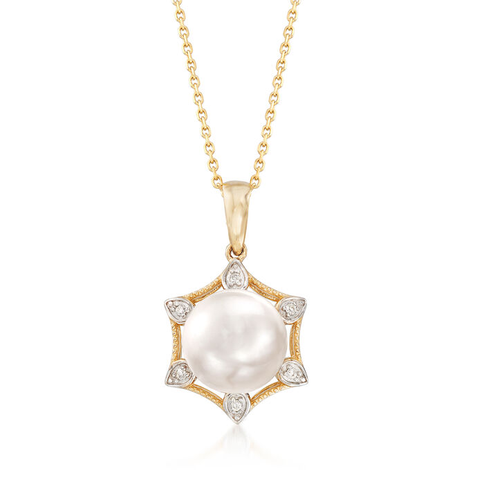 10-10.5mm Cultured Pearl Pendant Necklace with Diamond Accents in 14kt Yellow Gold