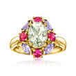 1.70 Carat Prasiolite, .60 ct. t.w. Ruby and .50 ct. t.w. Tanzanite Ring in 14kt Yellow Gold