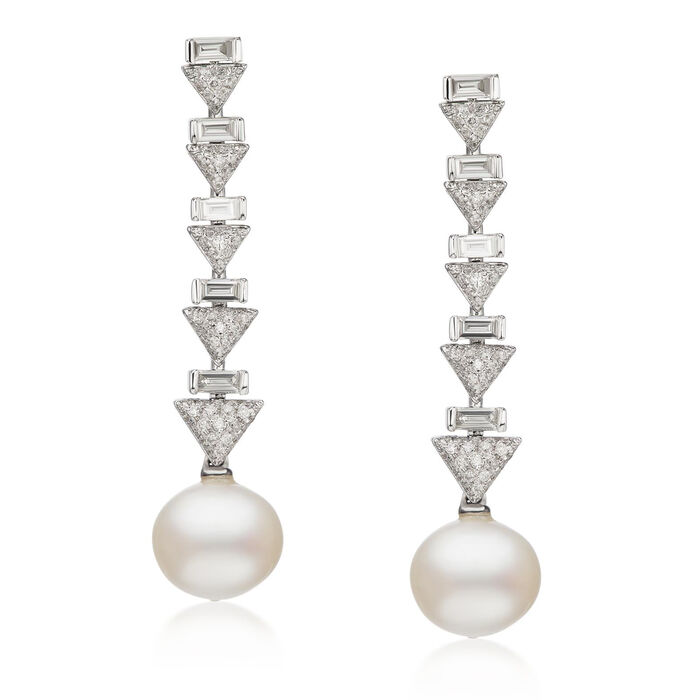 Cultured Pearl and .95 ct. t.w. Baguette and Round Diamond Drop Earrings in 18kt White Gold
