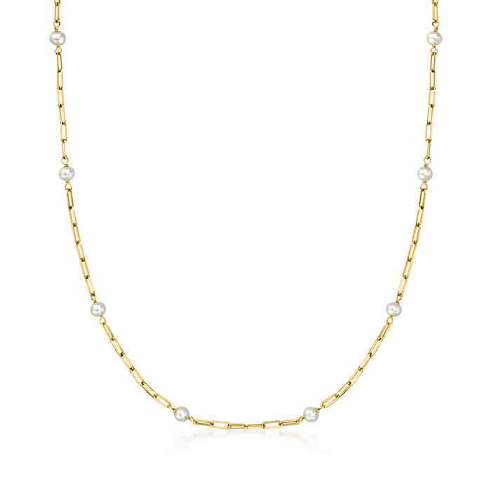 3-4mm Cultured Pearl and 14kt Yellow Gold Paper Clip Link Station Necklace