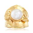 10mm Cultured Button Pearl Floral Ring in 18kt Gold Over Sterling