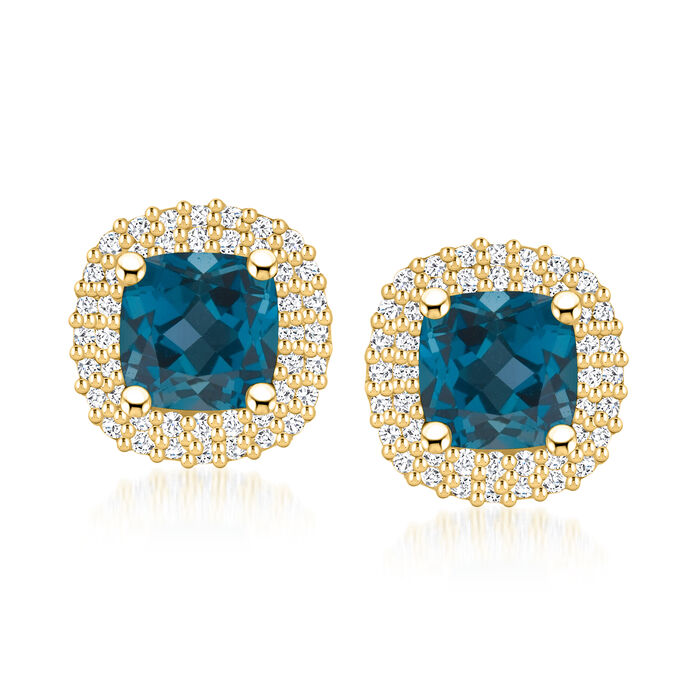 2.50 ct. t.w. London Blue Topaz Earrings with .44 ct. t.w. Diamonds in 14kt Yellow Gold