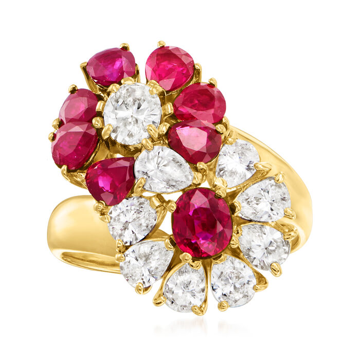 C. 1990 Vintage 2.60 ct. t.w. Ruby and 1.56 ct. t.w. Diamond Flower Ring in 18kt Yellow Gold