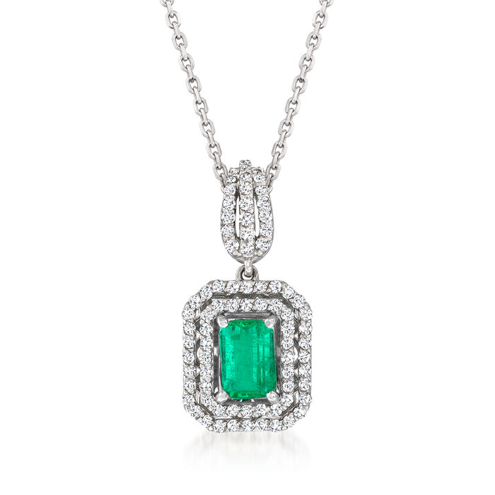 1.00 Carat Emerald and .38 ct. t.w. Diamond Pendant Necklace in 14kt White Gold