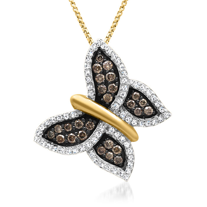 .50 ct. t.w. Brown and White Diamond Butterfly Pendant Necklace in 18kt Gold Over Sterling