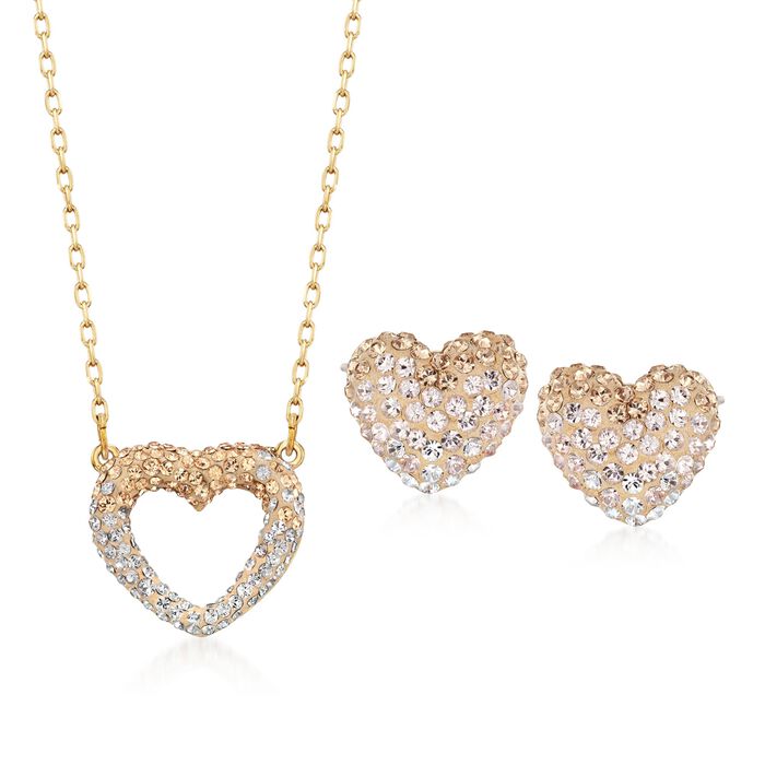 Swarovski Crystal &quot;Enjoy Pointillage&quot; Golden and Clear Crystal Heart Jewelry Set: Earrings and Necklace in Gold Plate