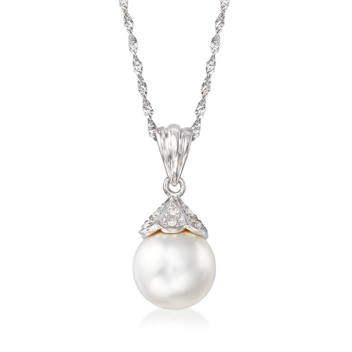 9.5mm Cultured Pearl Pendant Necklace with Diamond Accents in 14kt White Gold