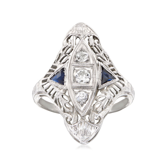 C. 1950 Vintage .18 ct. t.w. Diamond Dinner Ring with Synthetic Sapphire Accents in 18kt White Gold
