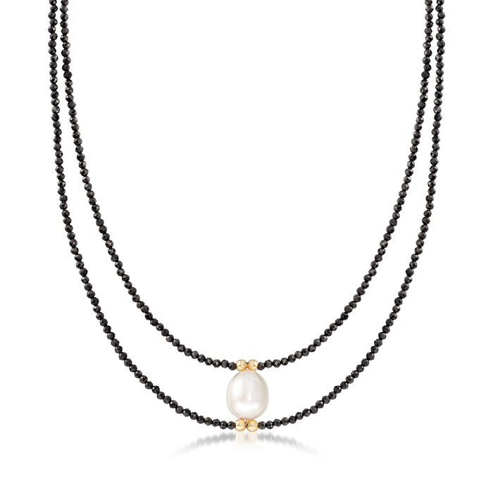 10-10.5mm Cultured Pearl and 30.00 ct. t.w. Black Spinel Bead Necklace in 14kt Yellow Gold