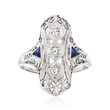 C. 1930 Vintage .10 ct. t.w. Diamond Filigree Ring with Synthetic Sapphire Accents in 14kt White Gold