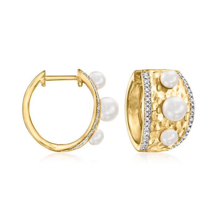 3.5-5.5mm Cultured Pearl and .10 ct. t.w. Diamond Hoop Earrings in 18kt Gold Over Sterling