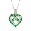 C. 1990 Vintage 1.40 ct. t.w. Tsavorite and .80 ct. t.w. Diamond Heart Pendant Necklace in 14kt White Gold