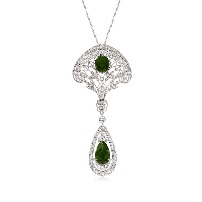C. 1980 Vintage 5.40 ct. t.w. Green Tourmaline and 2.25 ct. t.w. Diamond Drop Pendant in 14kt and 18kt White Gold