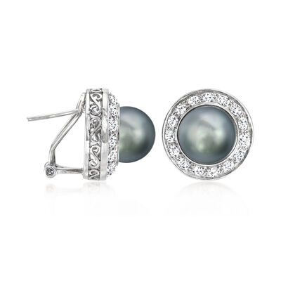 9.5-10mm Gray Cultured Pearl Earrings with 1.20 ct. t.w. Diamonds in 14kt White Gold