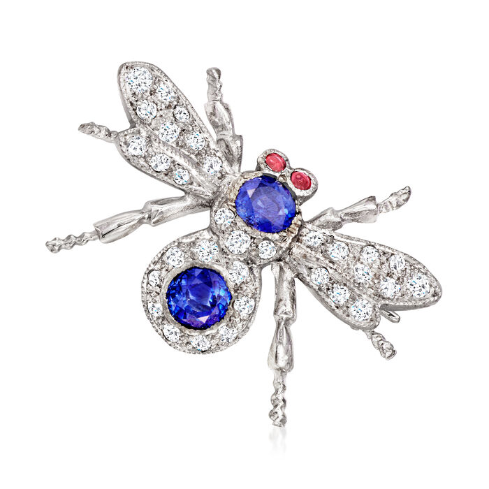 C. 1970 Vintage .60 ct. t.w. Sapphire and .35 ct. t.w. Diamond Bumblebee Pin with Ruby Accents in 18kt White Gold
