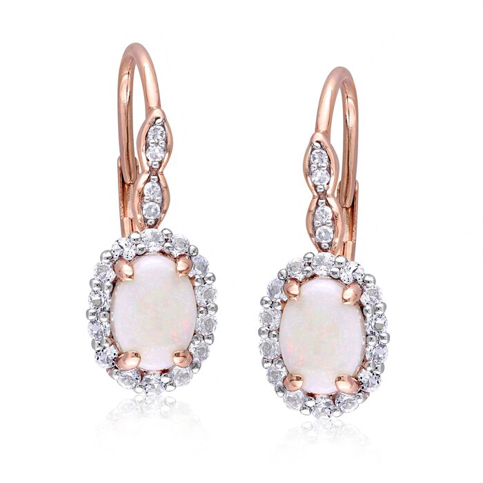 Opal and .80 ct. t.w. White Topaz Drop Earrings with Diamond Accents in 14kt Rose Gold