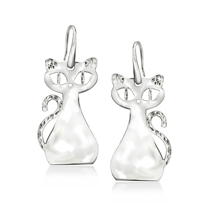 Italian Sterling Silver Textured and Polished Cat Drop Earrings