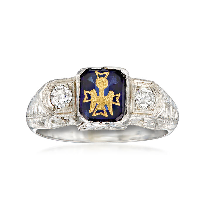 C. 1920 Vintage Men's 1.60 Carat Synthetic Sapphire and .30 ct. t.w. Diamond Insignia Ring in 18kt White Gold and 22kt Yellow Gold