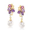 7mm Cultured Pearl and 1.20 ct. t.w. Multi-Stone Drop Earrings with Diamond Accents in 14kt Yellow Gold