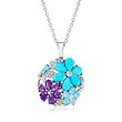 1.80 ct. t.w. Multi-Gemstone and Turquoise Flower Pendant Necklace in Sterling Silver