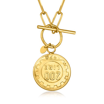 Italian 18kt Gold Over Sterling Genuine 200-Lira Coin Paper Clip Link Toggle Necklace