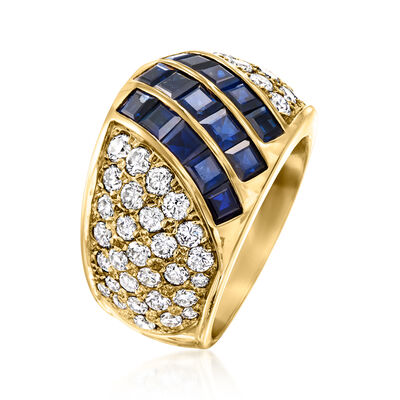 C. 1980 Vintage 2.52 ct. t.w. Sapphire and 1.97 ct. t.w. Diamond Striped Ring in 18kt Yellow Gold