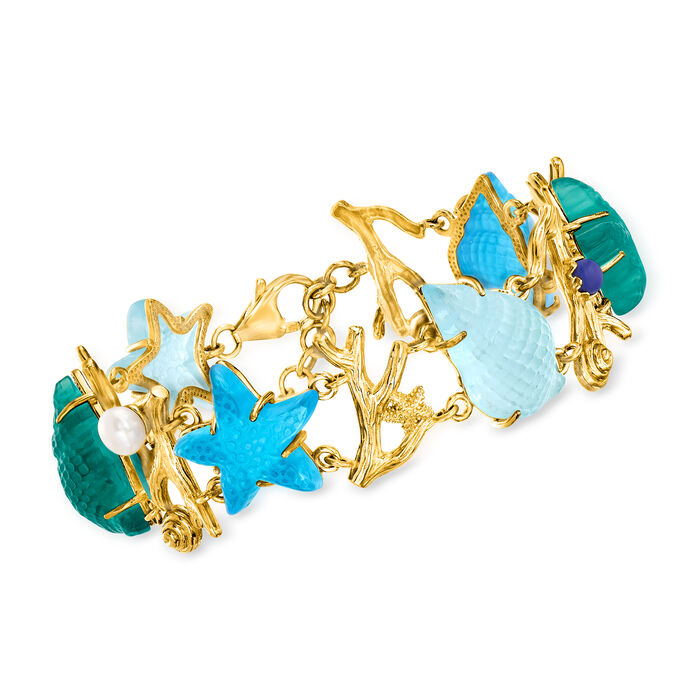 Italian Tagliamonte Blue and Green Venetian Glass Sealife Bracelet with Cultured Pearl in 18kt Gold Over Sterling