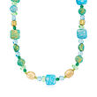 Italian Blue and Green Patterned Murano Glass Bead Necklace with 18kt Gold Over Sterling