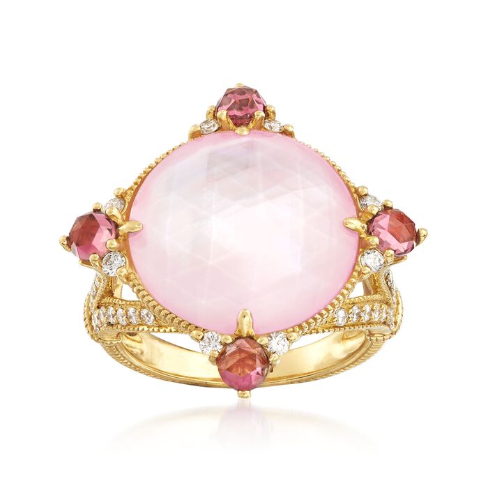 Judith Ripka &quot;Allure&quot; Pink Mother-Of-Pearl Doublet and .90 ct. t.w. Pink Tourmaline Ring With Diamonds in 18kt Yellow Gold