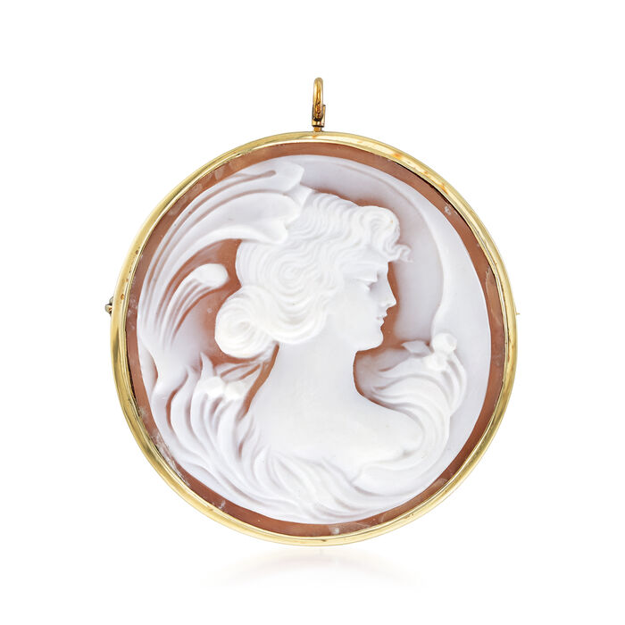 C. 1960 Vintage Pink Shell Cameo Pin/Pendant in 14kt Yellow Gold