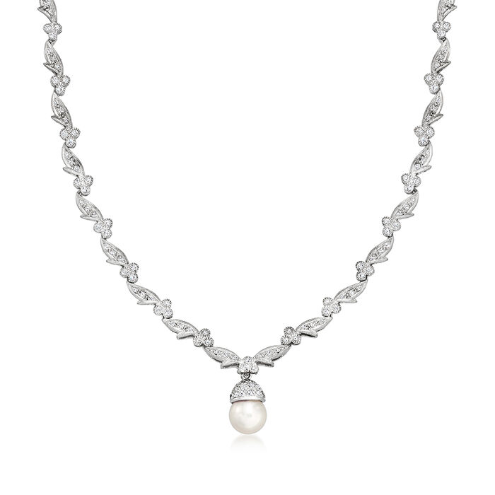 C. 1980 Vintage 8.5mm Cultured Pearl and 1.55 ct. t.w. Diamond Necklace in 18kt White Gold