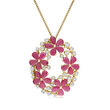 11.00 ct. t.w. Ruby and 1.00 ct. t.w. Diamond Flower Pendant Necklace in 14kt Yellow Gold