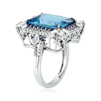 10.00 Carat Swiss Blue Topaz, 1.70 ct. t.w. Blue and White Sapphire and .30 ct. t.w. Diamond Cocktail Ring in 18kt White Gold