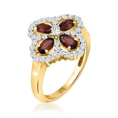 1.20 ct. t.w. Garnet and .50 ct. t.w. White Topaz Clover Ring in 18kt Gold Over Sterling