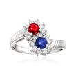 C. 1990 Vintage .48 Carat Sapphire, .44 Carat Ruby and .40 ct. t.w. Diamond Bypass Ring in Platinum