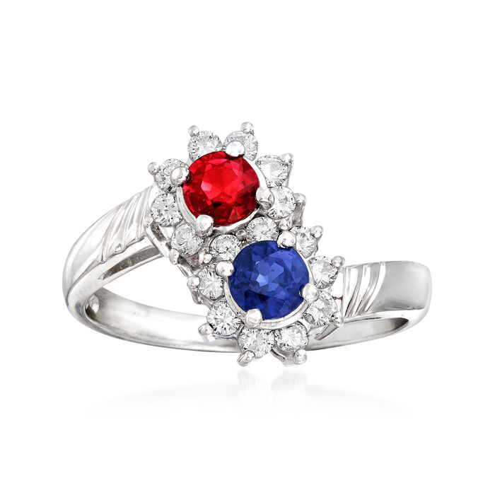 C. 1990 Vintage .48 Carat Sapphire, .44 Carat Ruby and .40 ct. t.w. Diamond Bypass Ring in Platinum