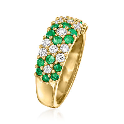 C. 1990 Vintage .71 ct. t.w. Emerald and .51 ct. t.w. Diamond Flower Ring in 18kt Yellow Gold