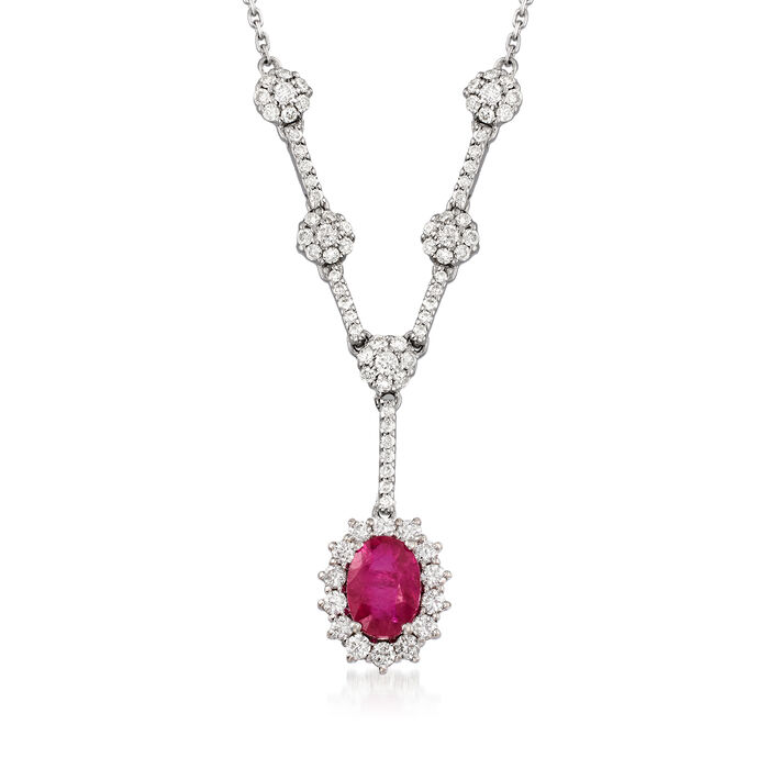 1.00 Carat Ruby and .70 ct. t.w. Diamond Y-Necklace in 14kt White Gold