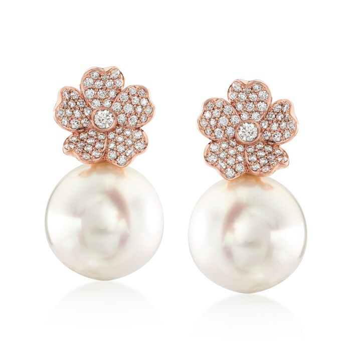 Mikimoto &quot;Cherry Blossom&quot; 11mm A+ South Sea Pearl and .45 ct. t.w. Diamond Floral Earrings in 18kt Rose Gold