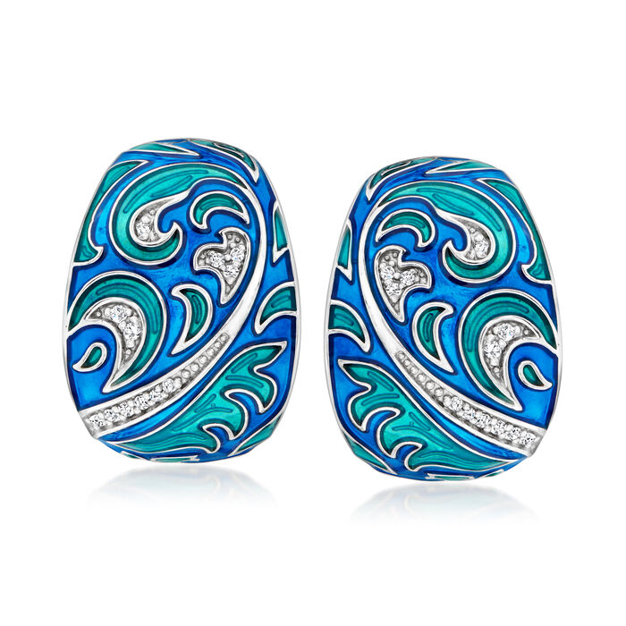 Belle Etoile &quot;Fernhaven&quot; .10 ct. t.w. CZ and Multicolored Blue Enamel Hoop Drop Earrings in Sterling Silver