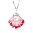 8-8.5mm Cultured Pearl and Multicolored Enamel Seashell Pendant Necklace in Sterling Silver