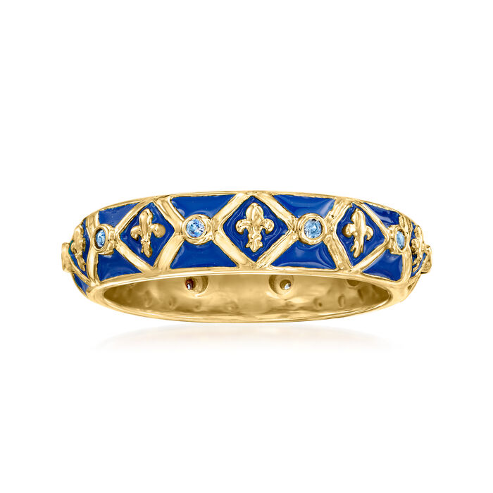 .10 ct. t.w. Sapphire and Blue Enamel Fleur-De-Lis Ring in 18kt Gold Over Sterling