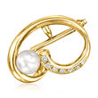 C. 1990 Vintage 8mm Cultured Pearl and .10 ct. t.w. Diamond Swirl Pin/Pendant in 18kt Yellow Gold